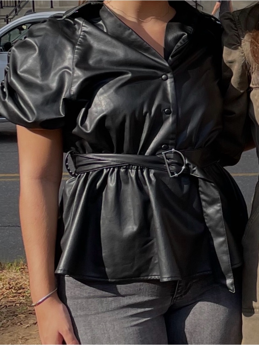 Black Faux Leather Puff-Sleeve Belted Peplum Fleece Lined Top Size M - Picture 3 of 5